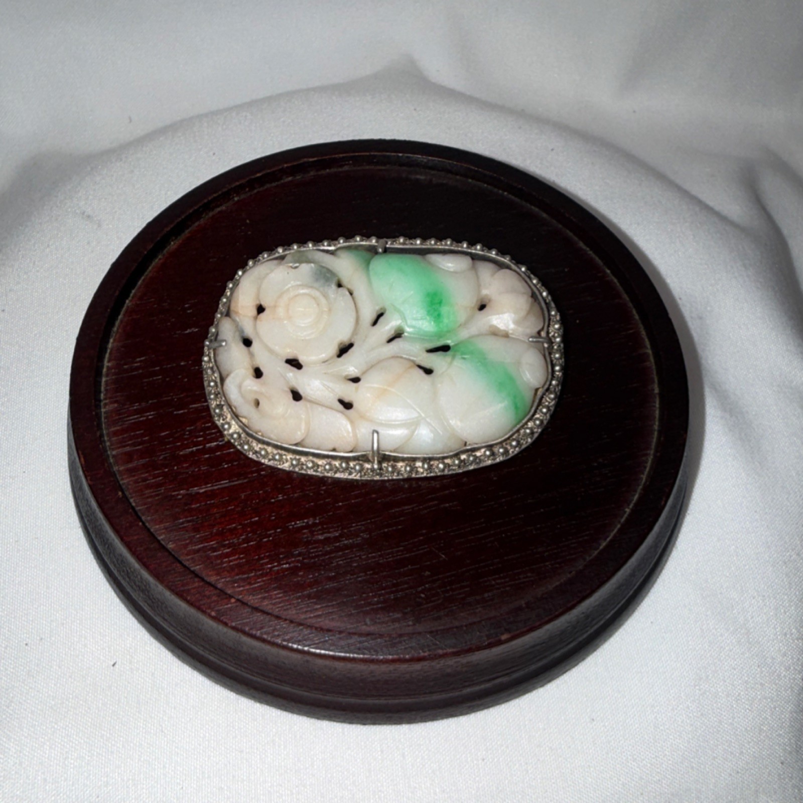 Antique Chinese Jade Carved Brooch Pin White Green Accents Traditional Jewelry