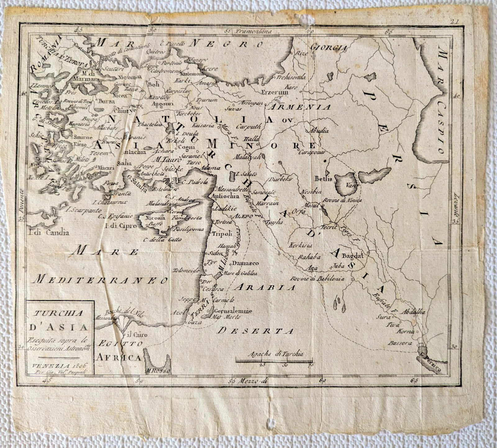 1806 Antique Map of Turkey in Asia G. Pasquali Ottoman Empire, Persia, Arabia