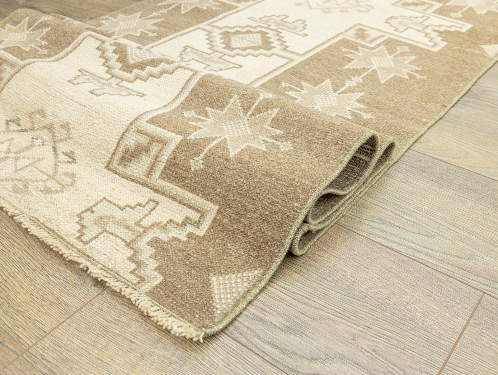 Rustic geometric narrow vintage runner 2.4×9.1 ft Handknotted Turkish Oushak rug