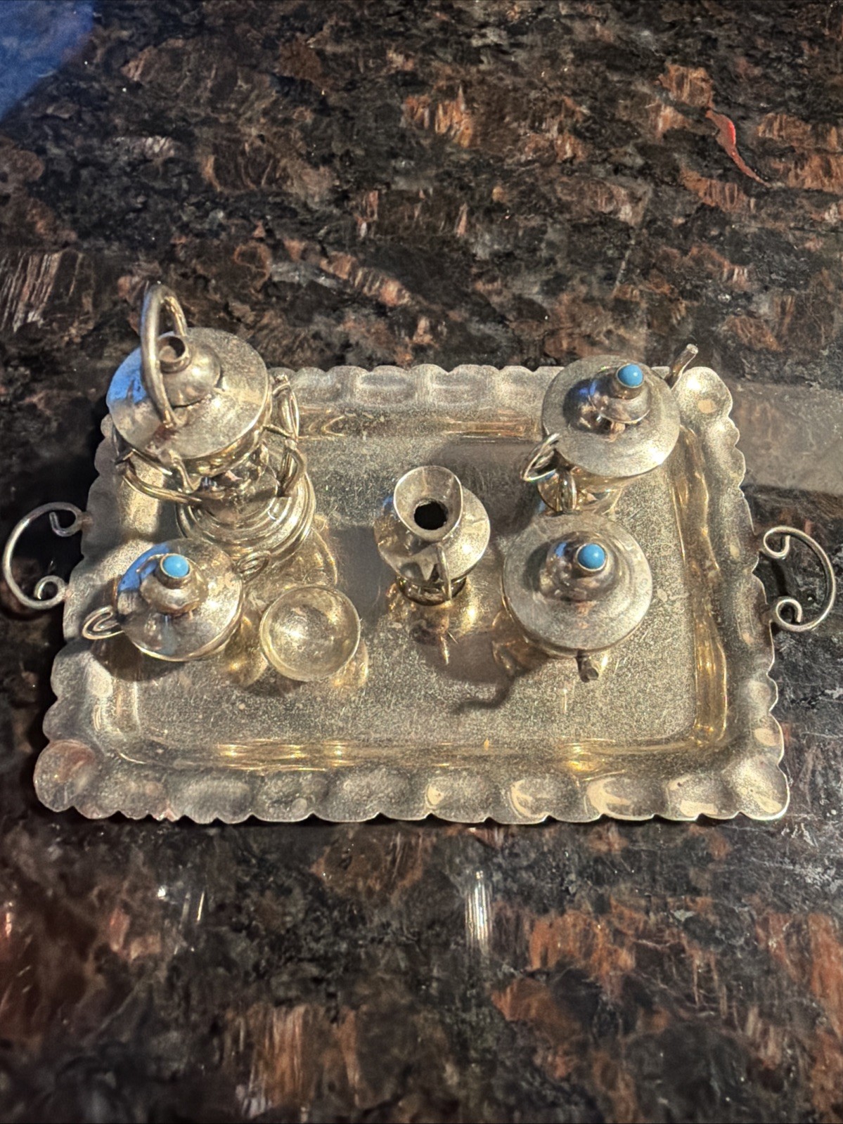 Stellar Mini 10 Piece Tea Set Handcrafted ’60s Alpaca Sterling Silver Turquoise