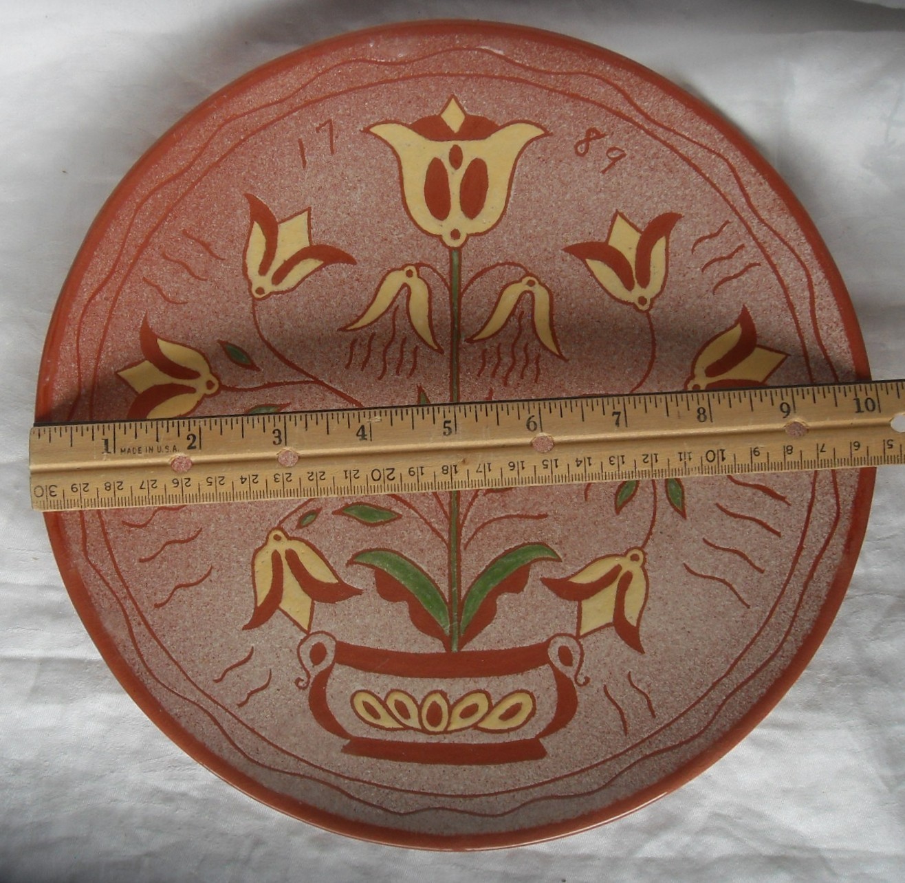Antique 1789 Sgraffito Redware Plate 10″ Tulips in Pot Signed Peckham 1949