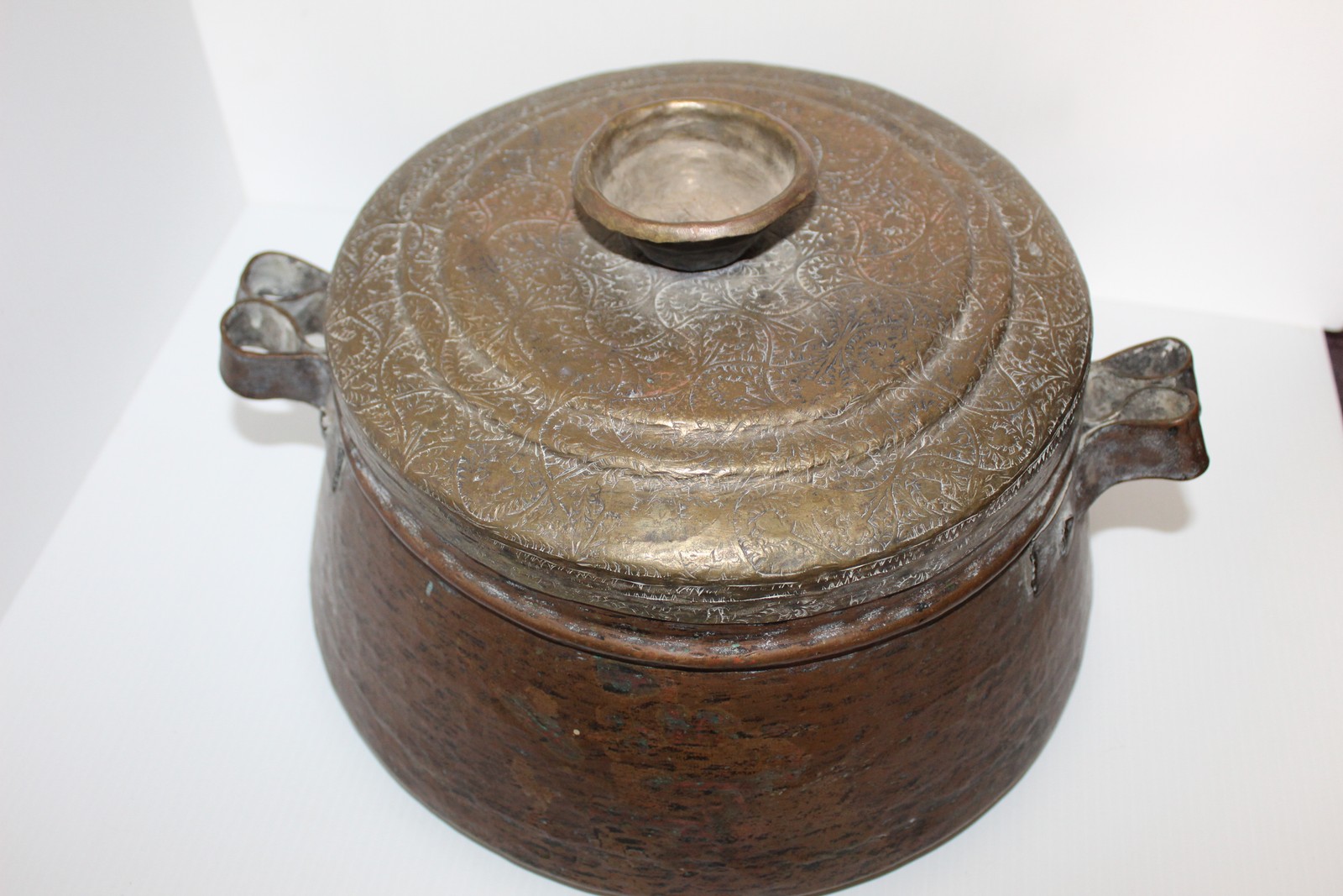 Hand Hammered Copper Pot with Engraved Brass Lid Middle Eastern Islamic