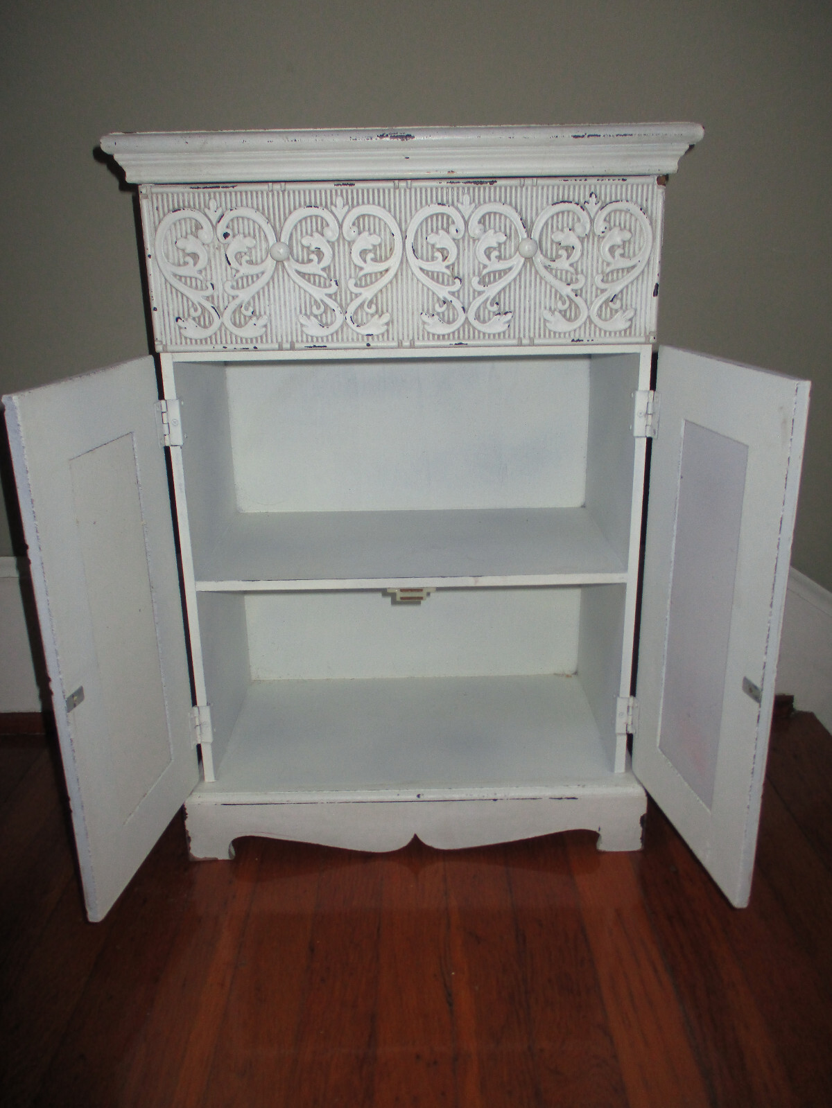 Gorgeous! Vintage French Country Ornate Carved Painted Doors Accent Cabinet