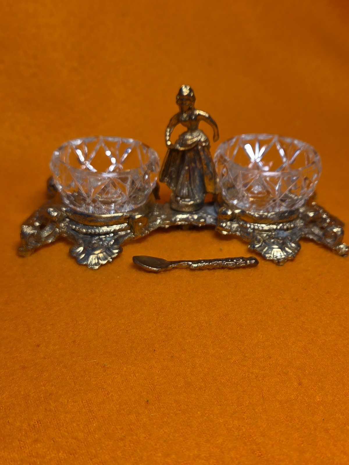 Vintage CELESTE Metal Double Open Salt Cellar Stand With Glass Vessels and Spoon