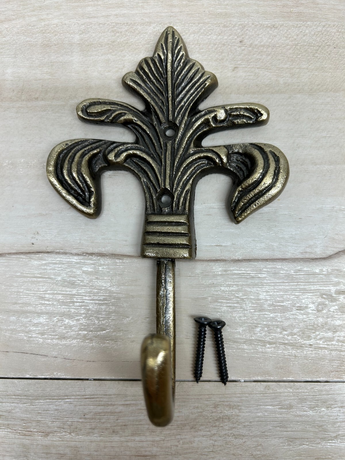 Vintage Fleur De Lis Cast Iron Rustic Gold Color Single Coat Hook Wall Mount