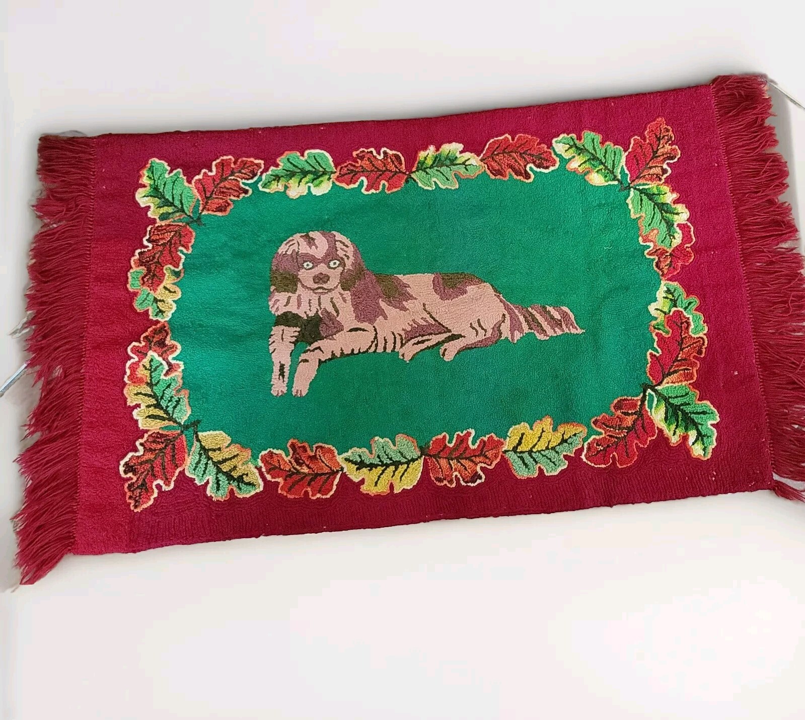Antique Hooked Rug Dog 1880s Handmade RARE Great Condition 43″×25″