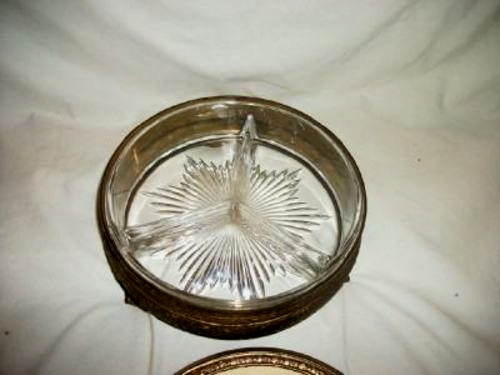 Cottagecore 1920s Bronze Jeweled Vanity Dish Celluloid Divided Glass Antique