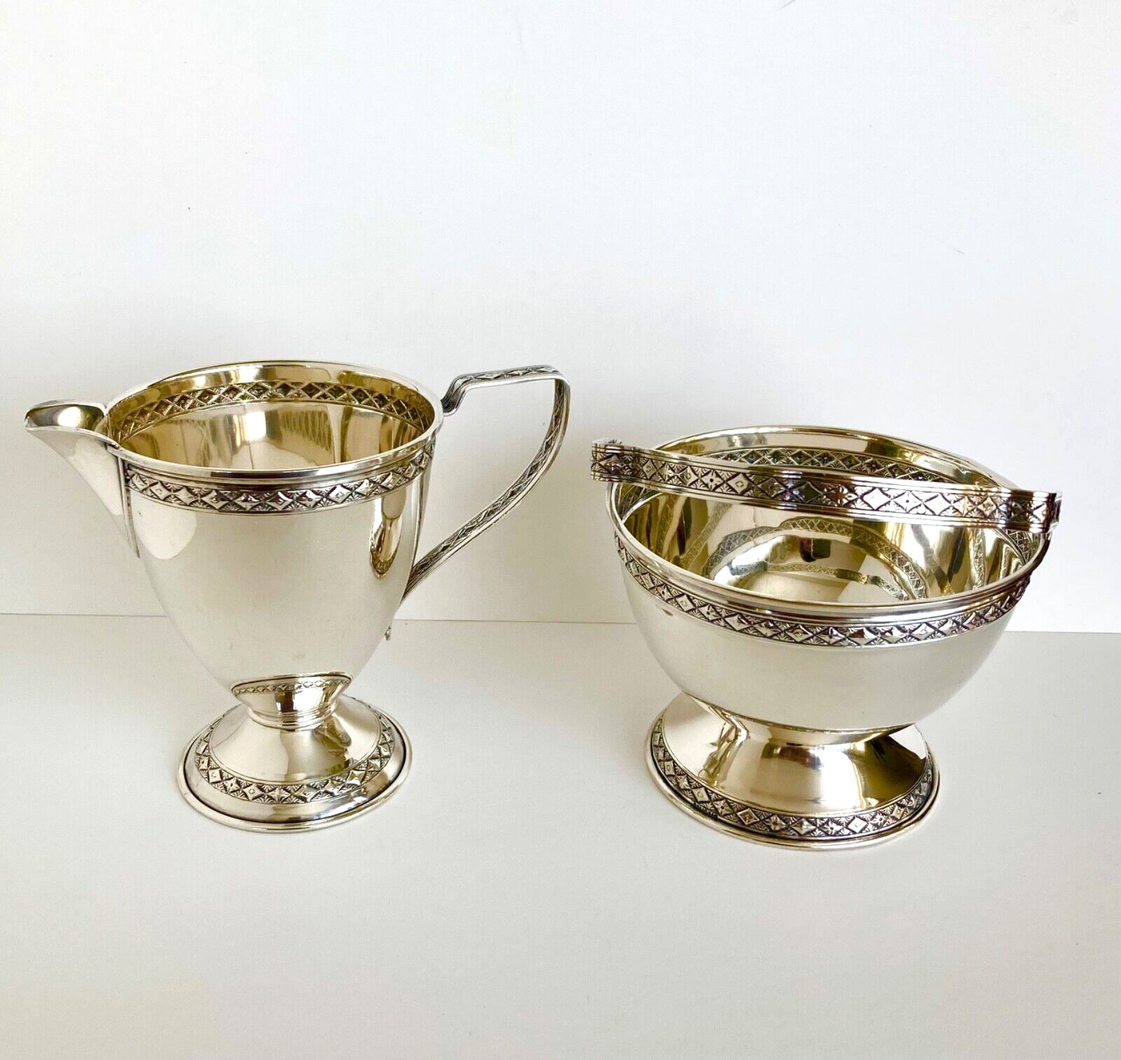 Antique Sterling Silver Creamer & Sugar Basket with Swing Handle- Not Weighted