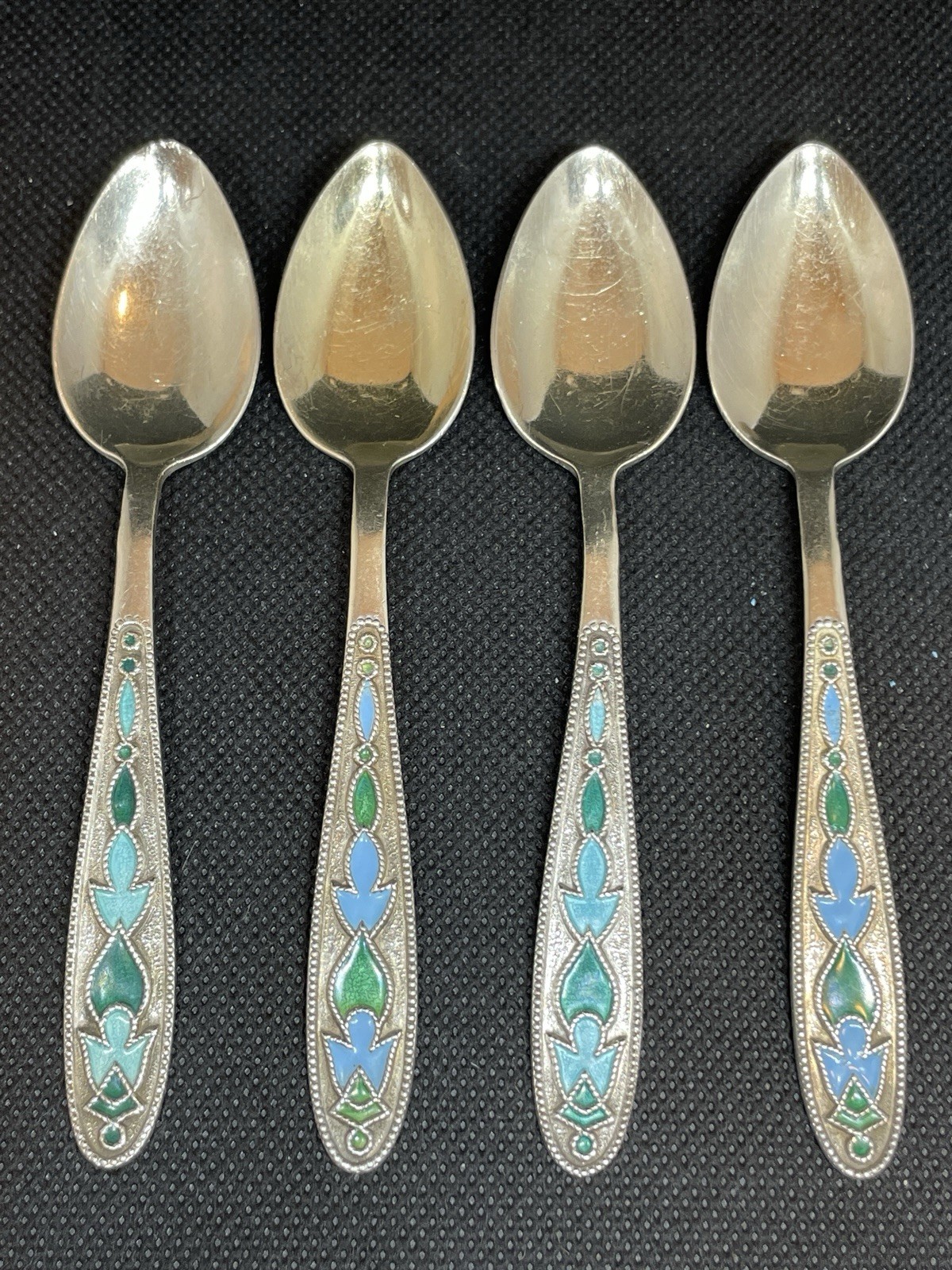 4x Vintage Russian USSR Soviet-era .875 Silver And Enamel Teaspoons Rare Colors