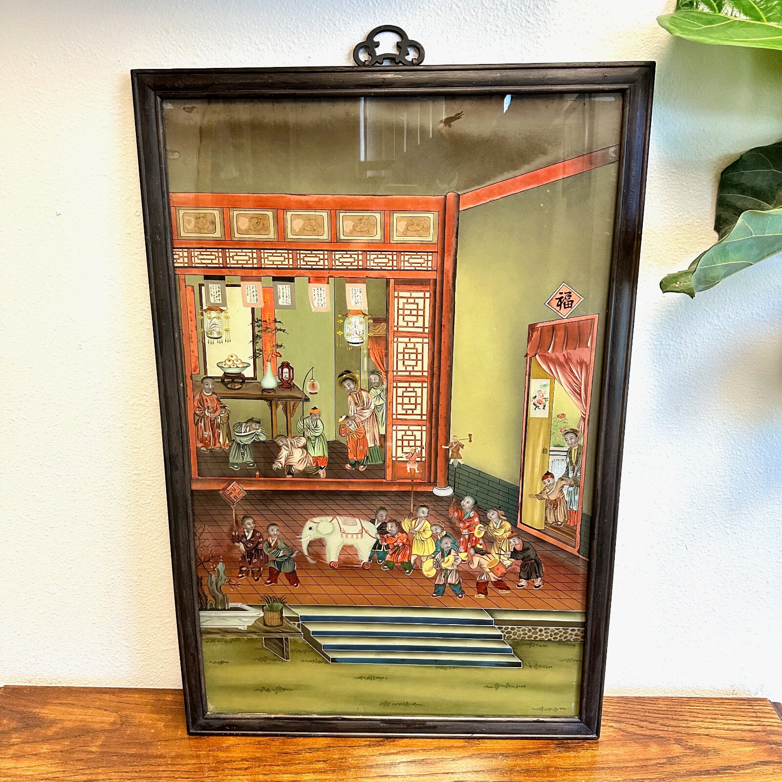Antique Chinese Qing Dynasty Large Reverse Glass Art Painting Wood Framed 34×22″