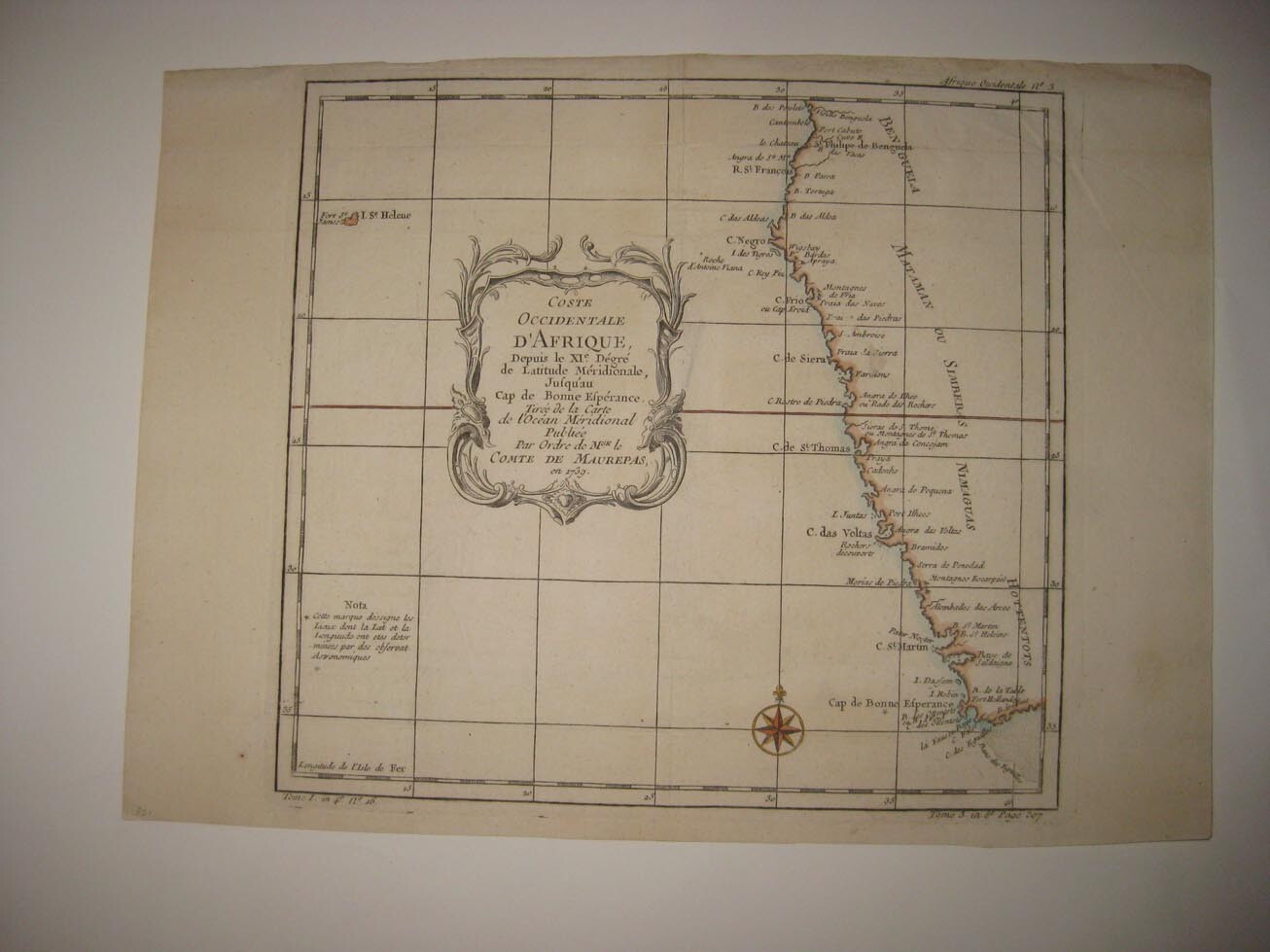 ANTIQUE 1739 WEST AFRICA ST HELENA ISLAND COPPERPLATE MAP ANGOLA NAMIBIA TRIBES