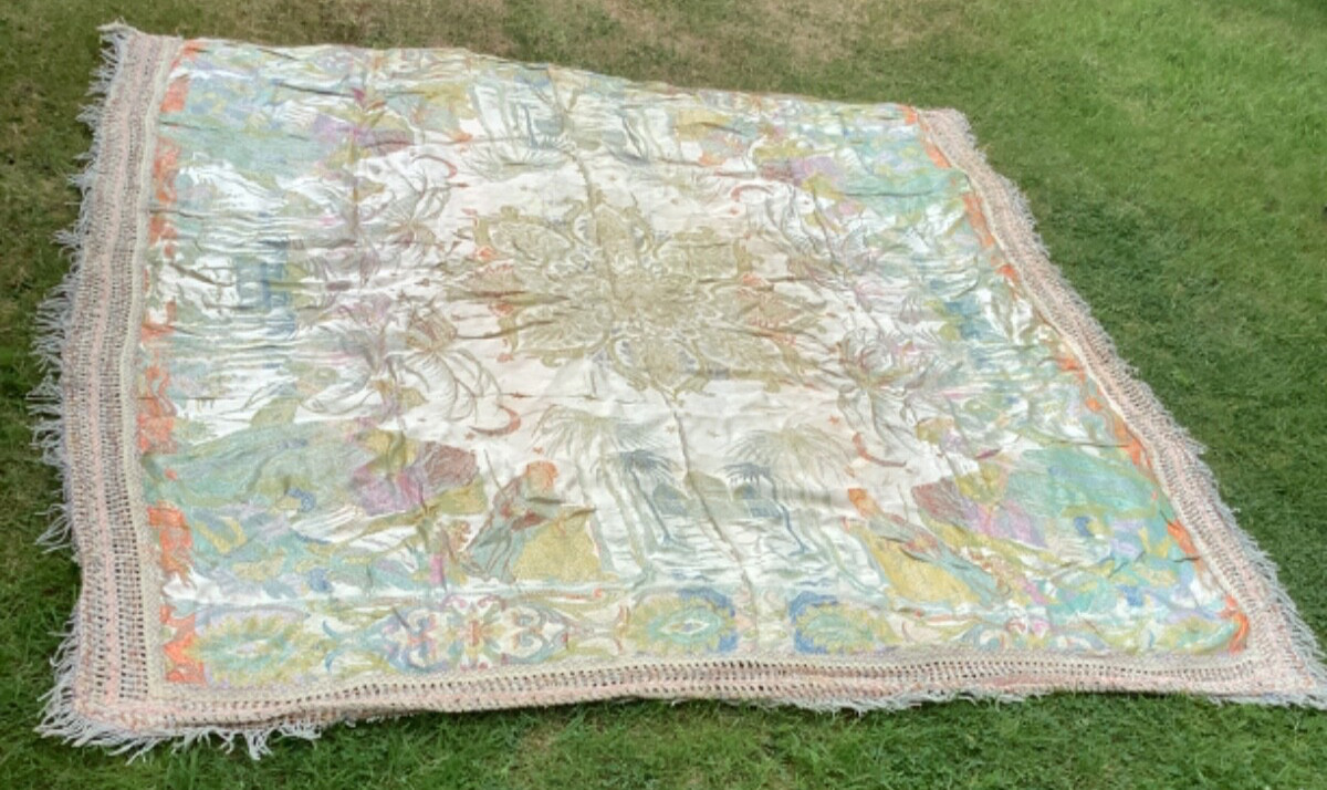 1960’s Silk Blend Exotic Fringed Bed Spread Middle East Vintage Tapestry Textile