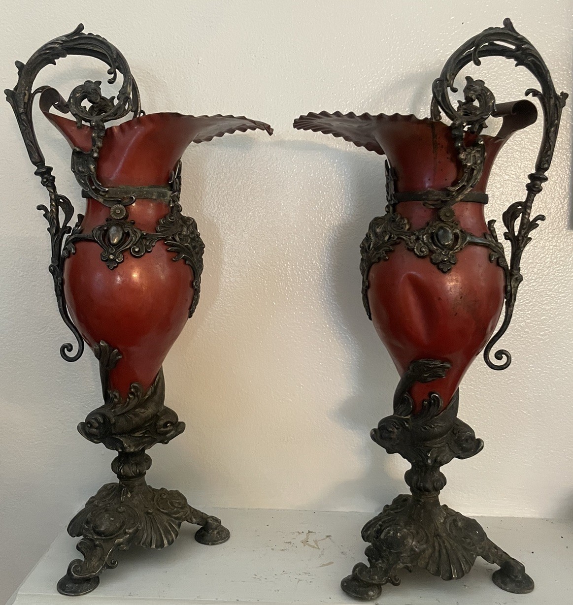 Pair 19th C French Silver Plated Copper Garniture Ewer Poseidon Trident Dolphins