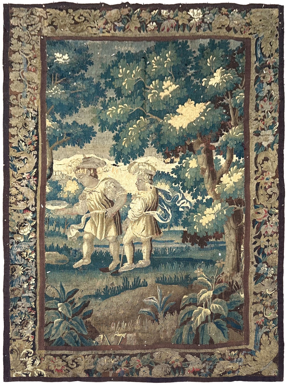 6X9 Antique Flemish Tapestry Wool & Silk 17th Century Green 188cm x 275cm