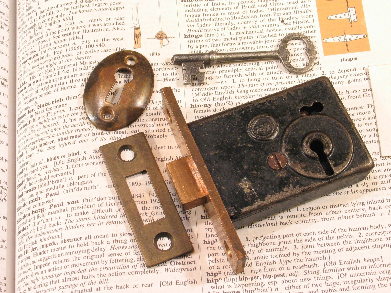 Vintage PENN Brass Mortise Door Bolt Set w Skeleton Key Antique Hardware