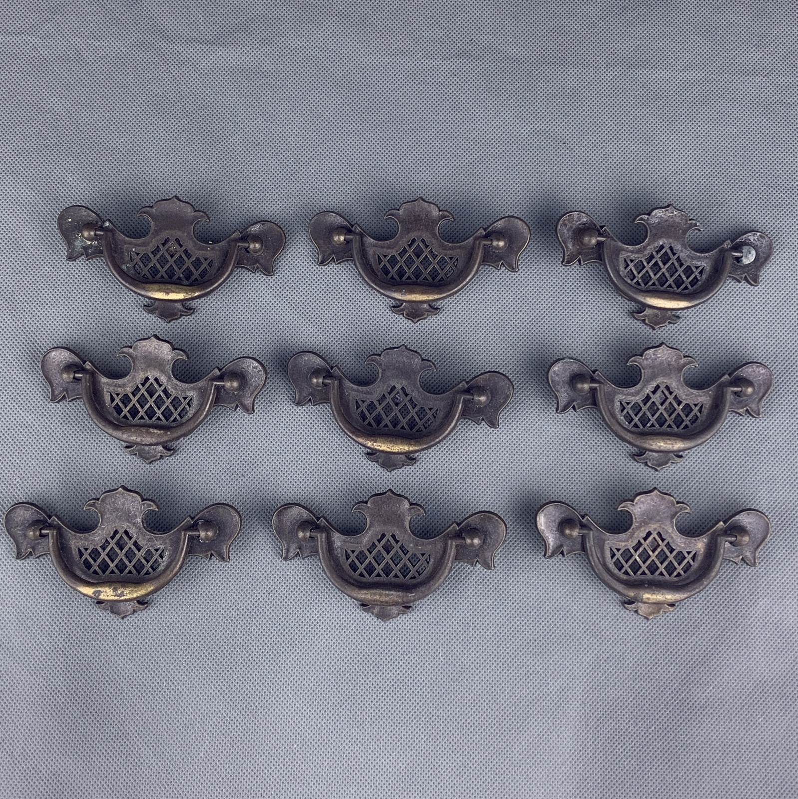 Simple Lattice Bat Wing Antiqued Brass Drawer Drop Pull Lot of 9 Vintage