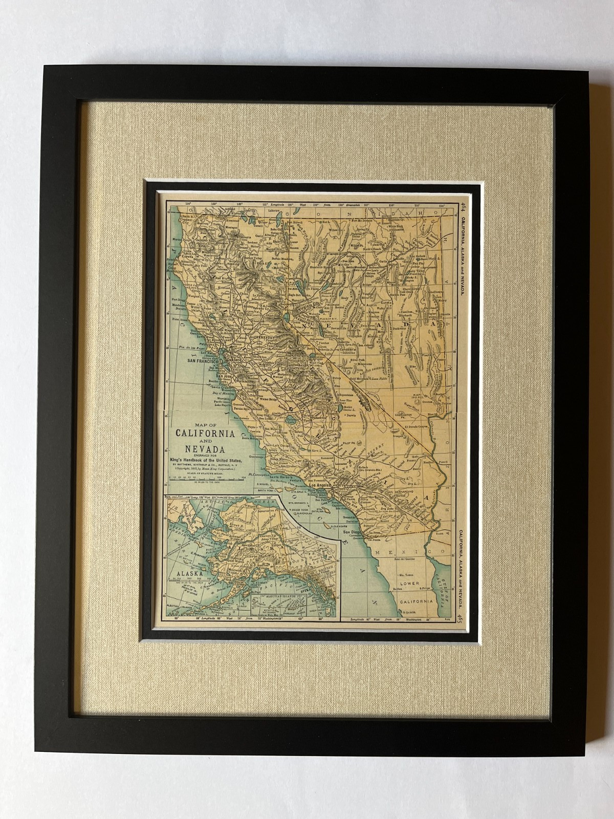 1892 CALIFORNIA NEVADA State Map fm 1892 Kings Handbook Lg Frame SEE DESCRIP