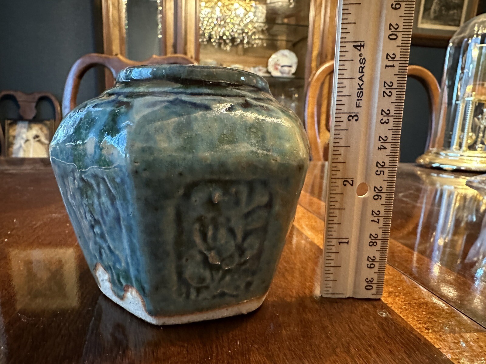 Antique Chinese Green Glazed Earthenware Pottery Hexagonal Ginger Jar