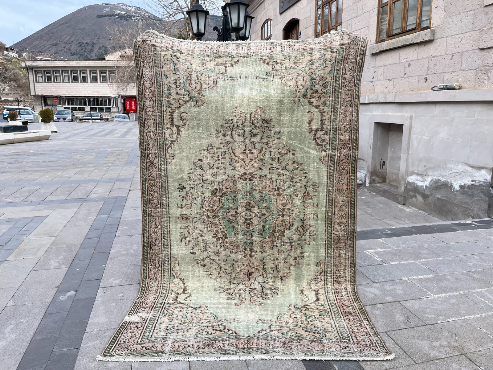 Vintage Turkish Oushak Rug 6×9 Muted Sage Green Distressed Wool 5.4×8.9 ft