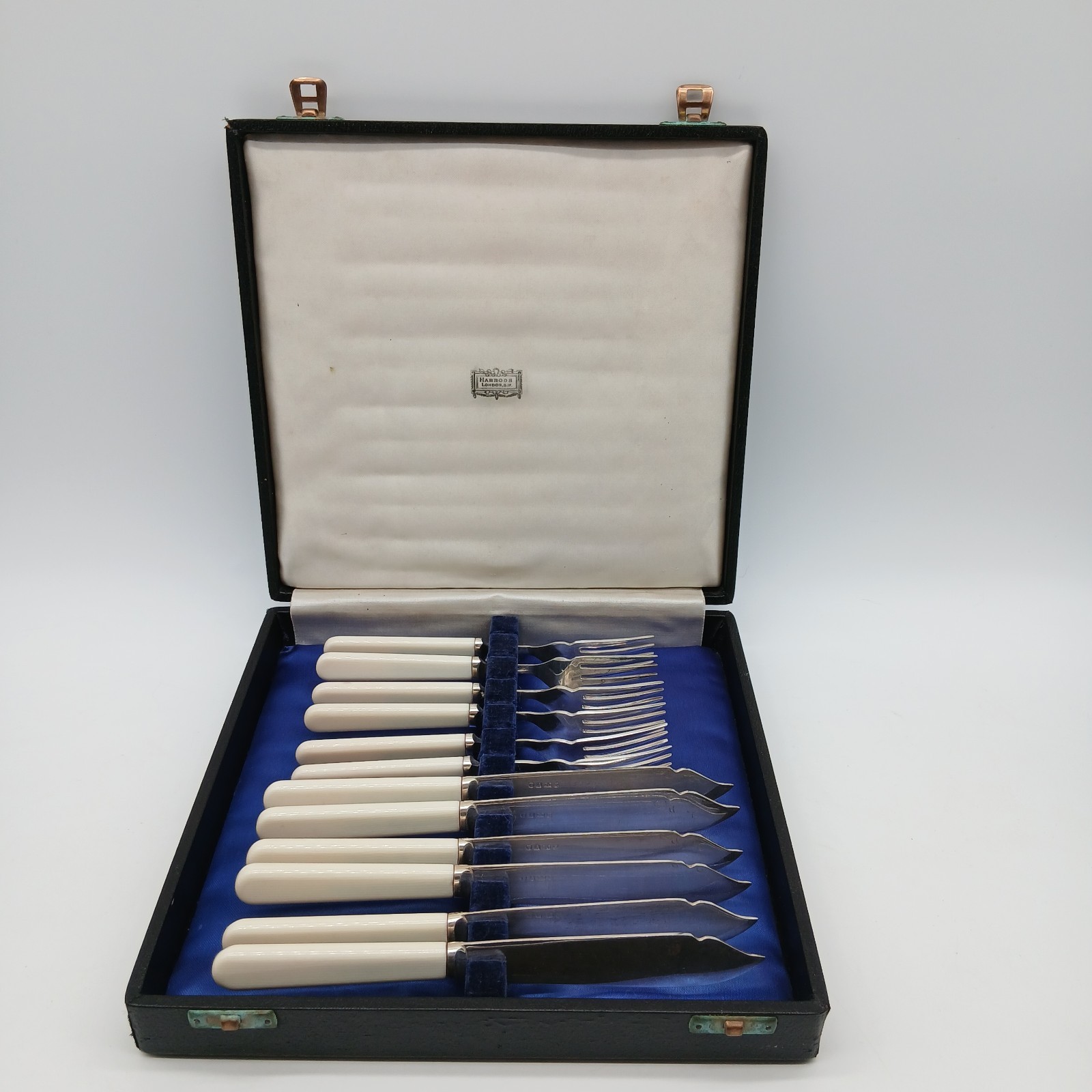 Vintage Art Deco Harrods Silver Plate Fish Cutlery Set Bone Handled X6
