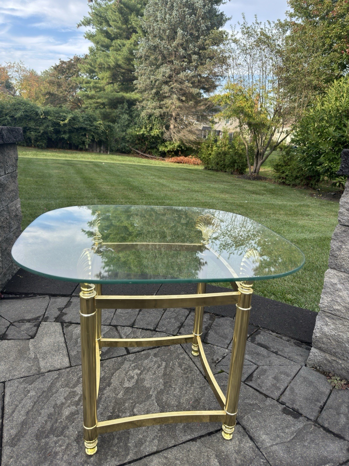 MCM Gold Lacquered Brass Shell Scallops End Table W/ Glass Top Coastal Regency