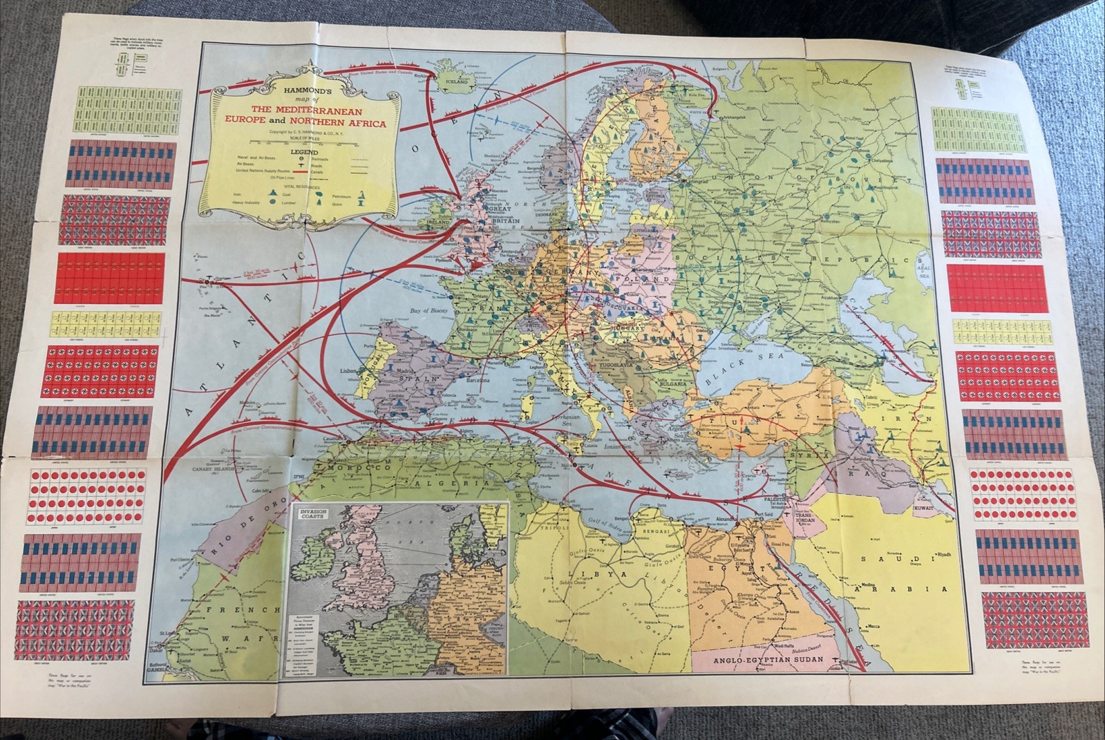 Hammond Map Of Mediterranean Europe & Northern Africa Vintage 1943 WWII W Flags