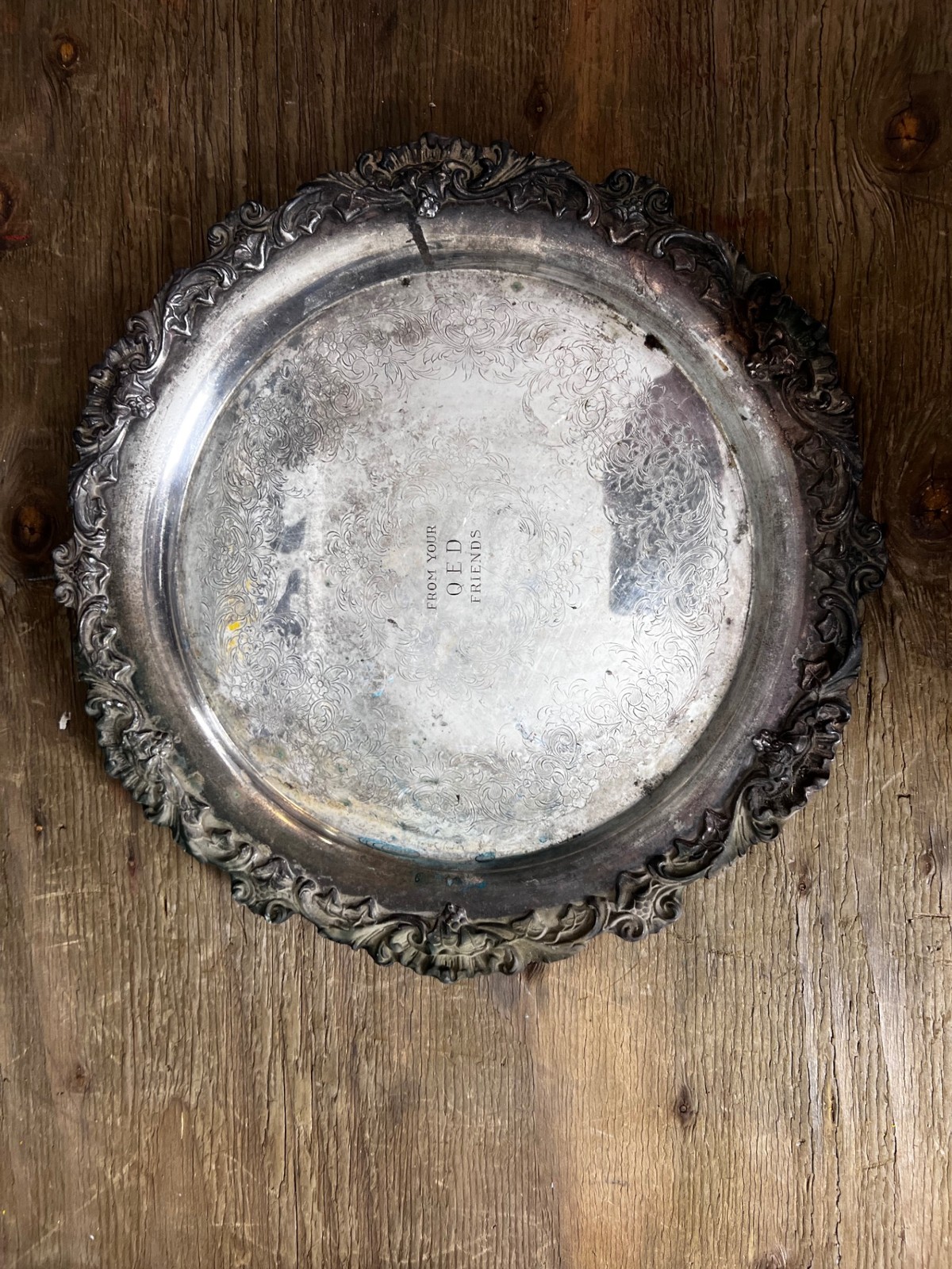Ornate Silver Plated Serving Tray Engraved FROM YOUR OLD FRIENDS Vintage Round