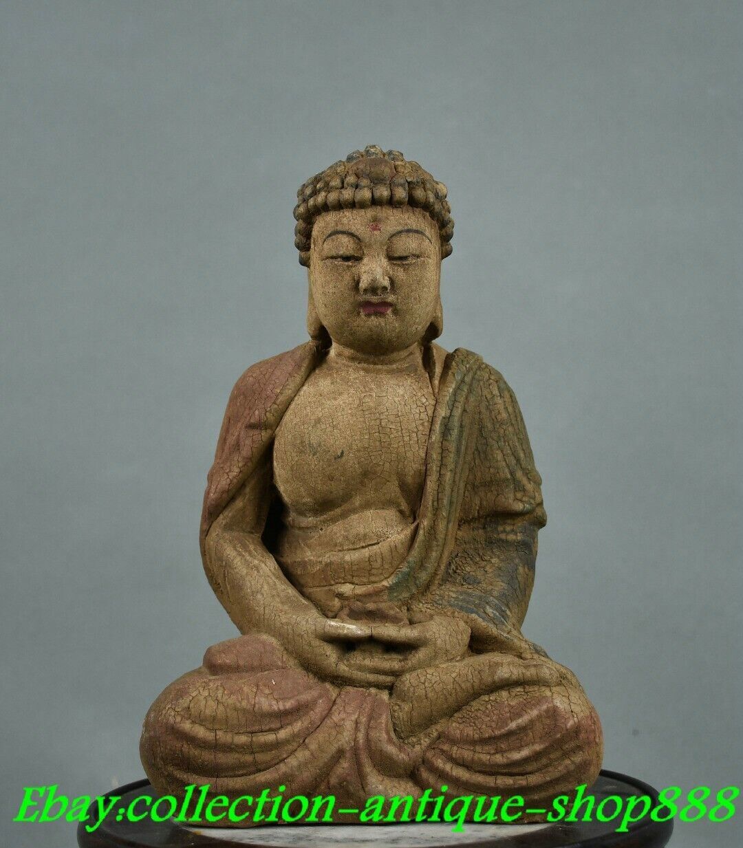9″ Old Chinese Dynasty Wood lacquerware Shakyamuni Amitabha Buddha Statue
