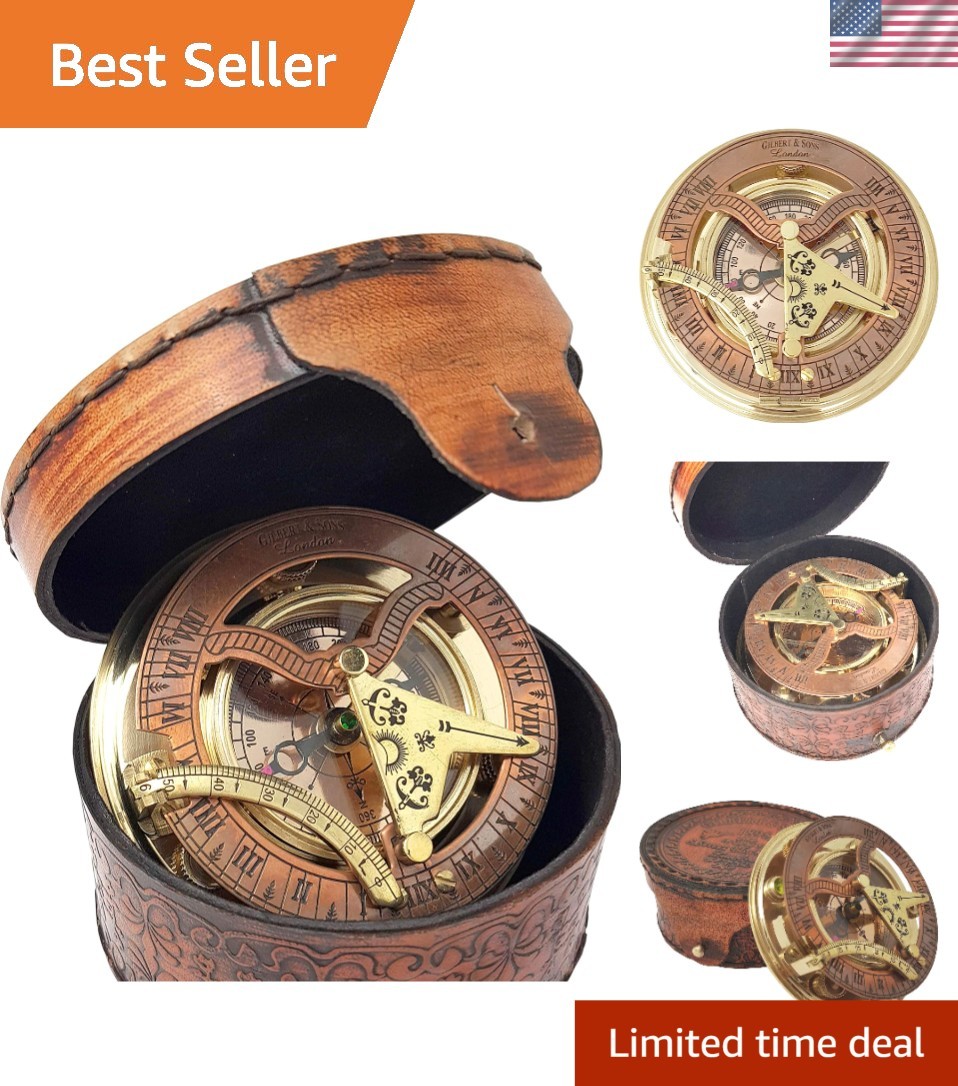 Exquisite Brass & Copper Sundial Compass – Perfect Nautical Gift in Leather Box
