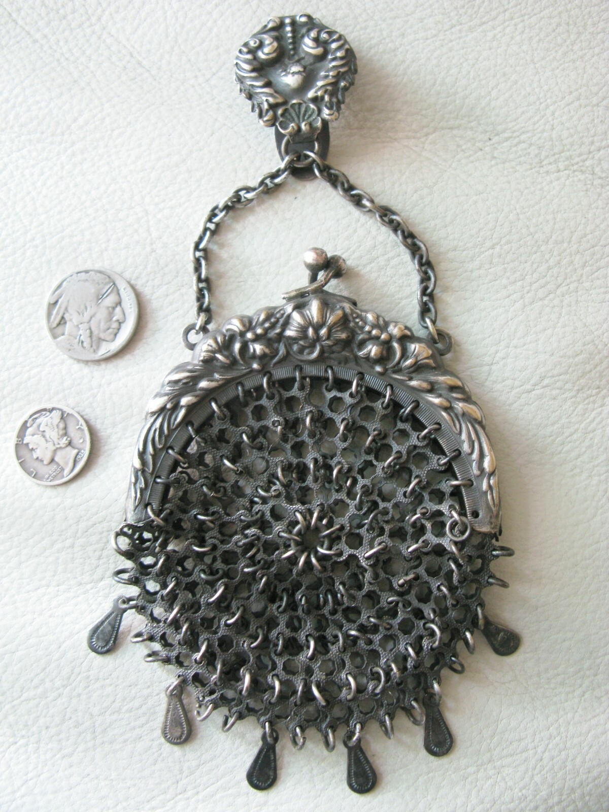 Antique Silver Floral Chatelaine Belt Clip Fancy Chain Mail Kilt Coin Purse