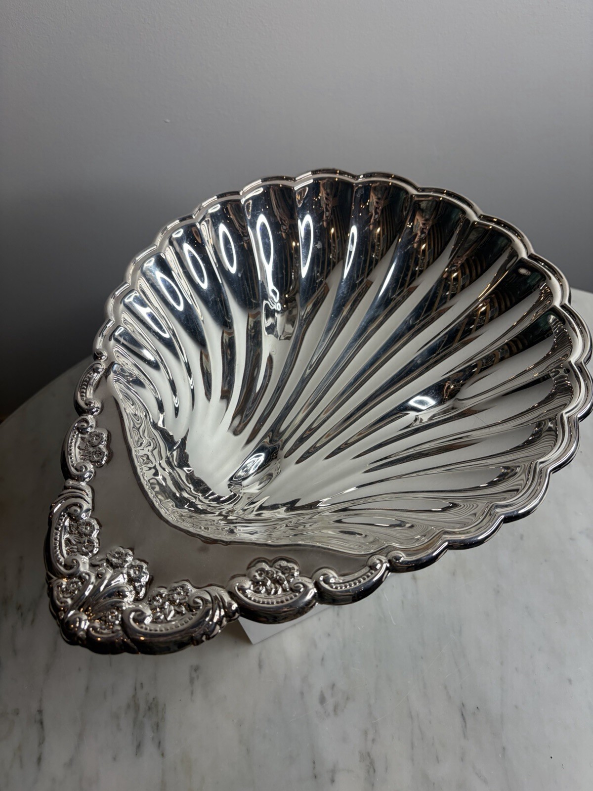 Vintage Silverplate Scalloped Shell Serving Bowl Ornate Floral Scroll Rim 13 In