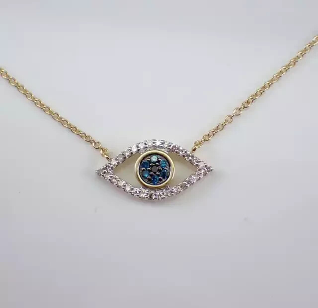 1.60Ct Round Real Moissanite Evil Eye Necklace 14K Yellow Gold Plated 18″Chain