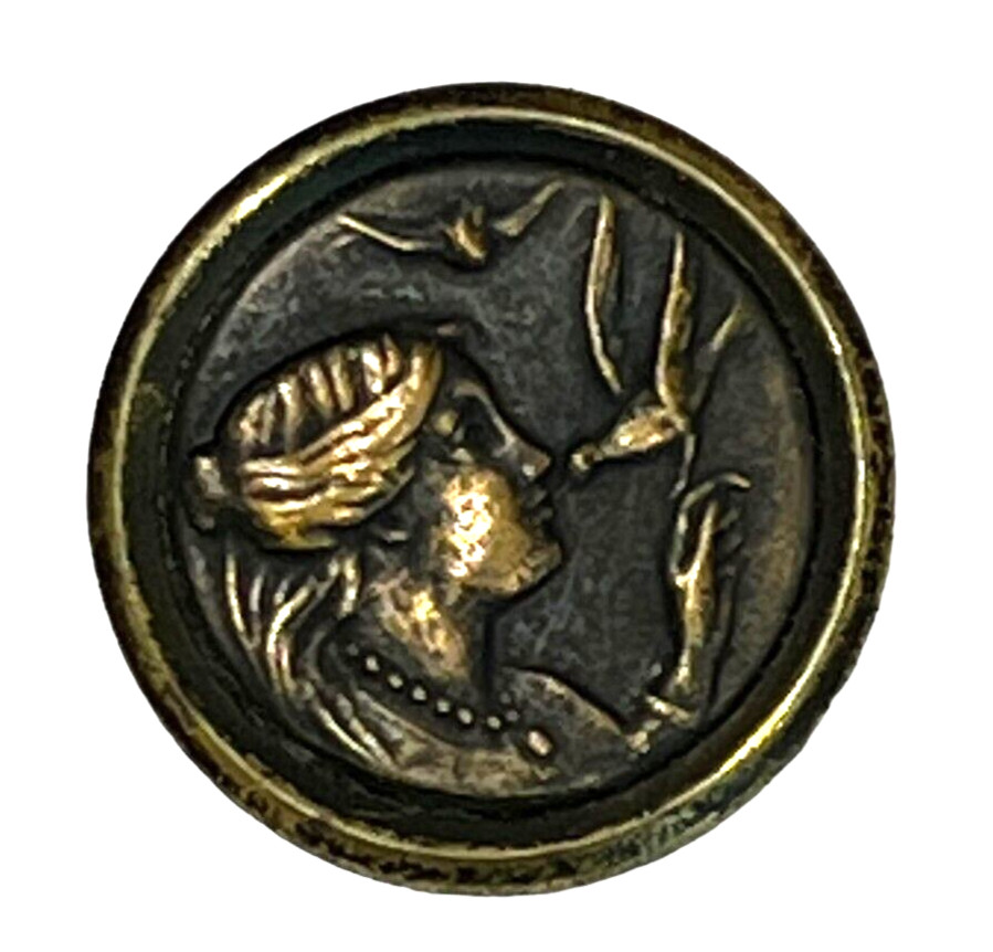 Antique/Vintage Brass Art Nouveau Woman & Bird Shank Picture Sewing Button