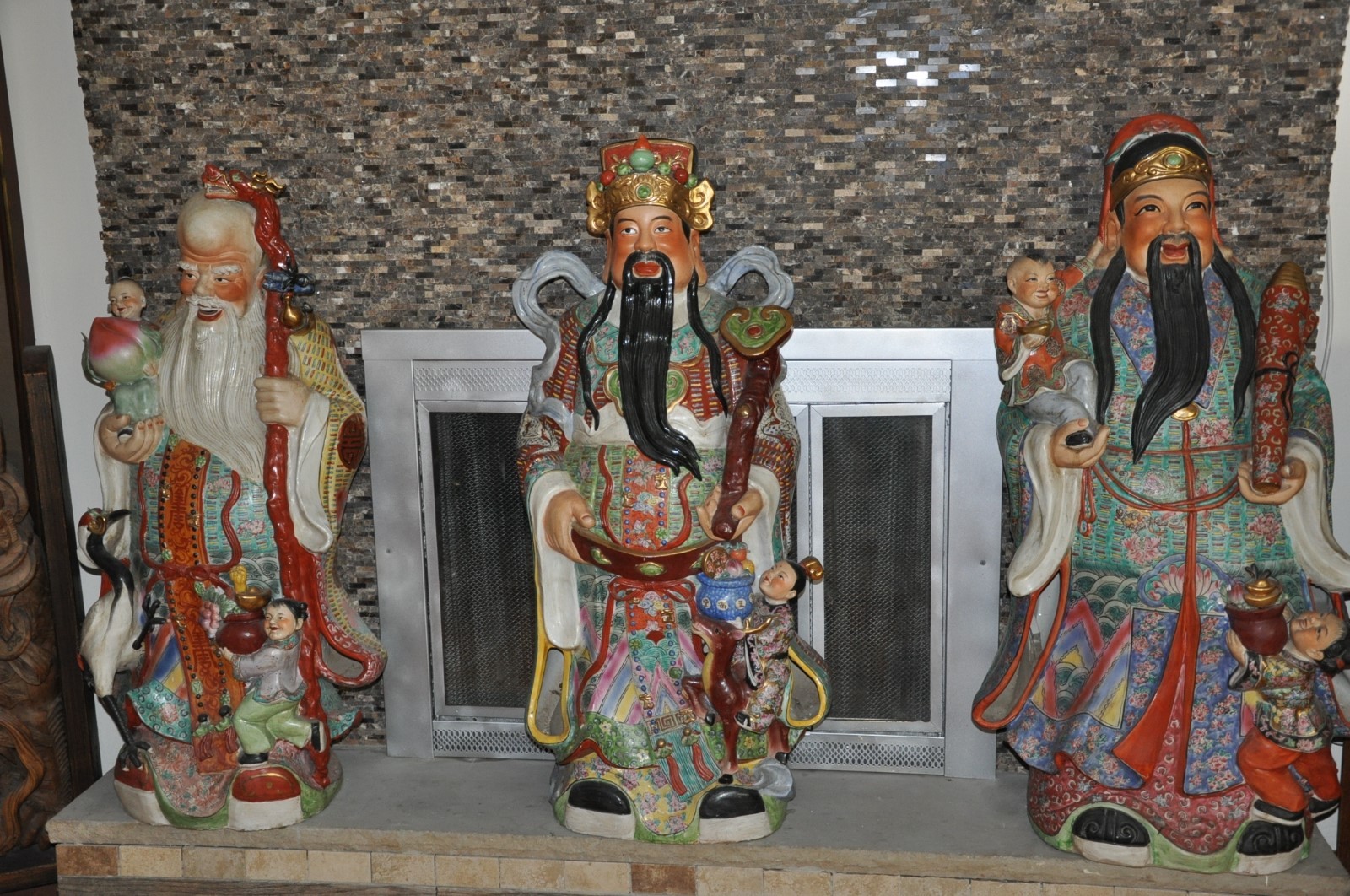 Very Large Set Of The 3 Chinese Immortal Gods FU LU SHOU Porcelanin Statues
