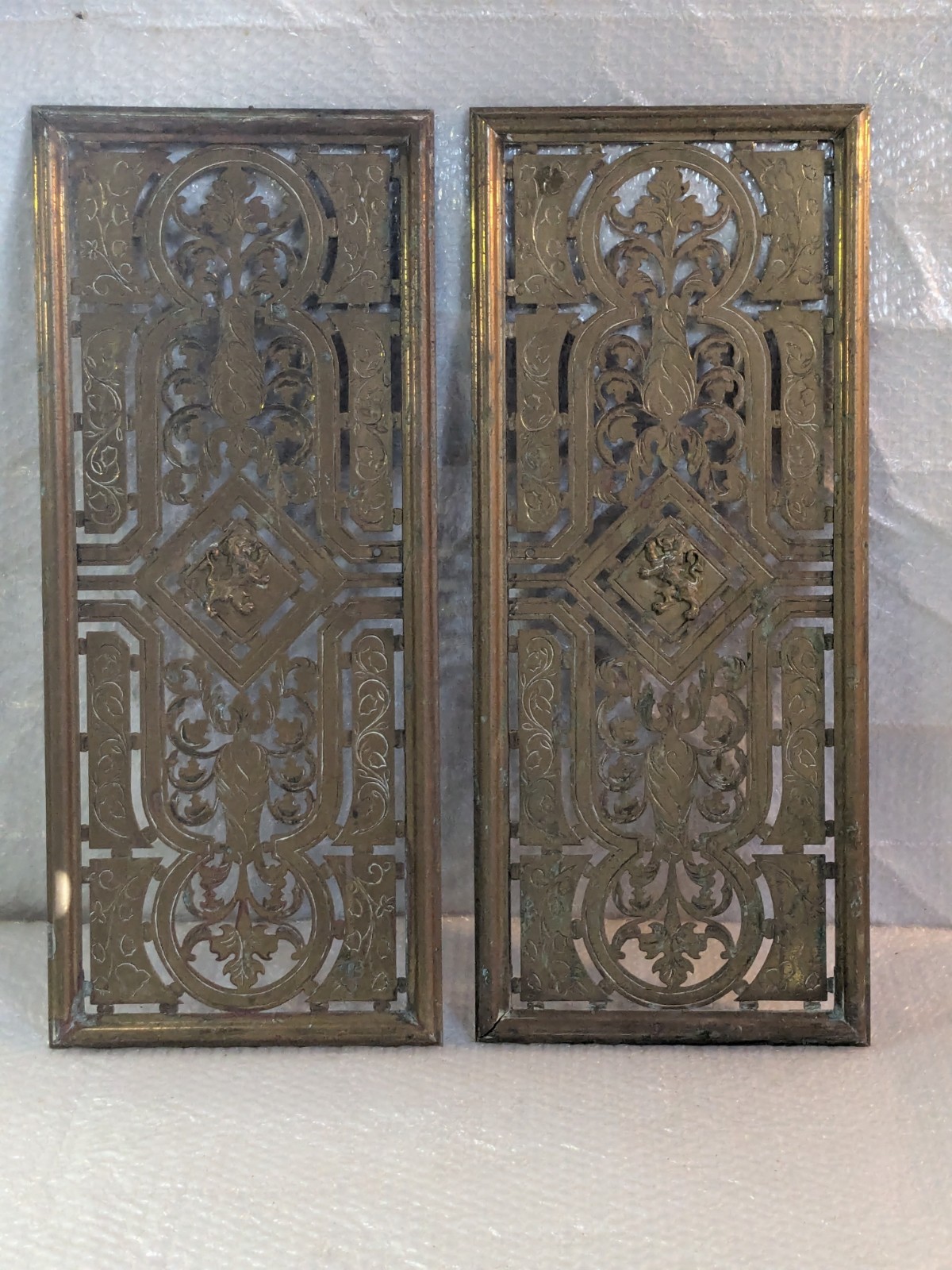 Antique Vintage Pierced Brass Fireplace Screen Salvage doors wall decor old lion