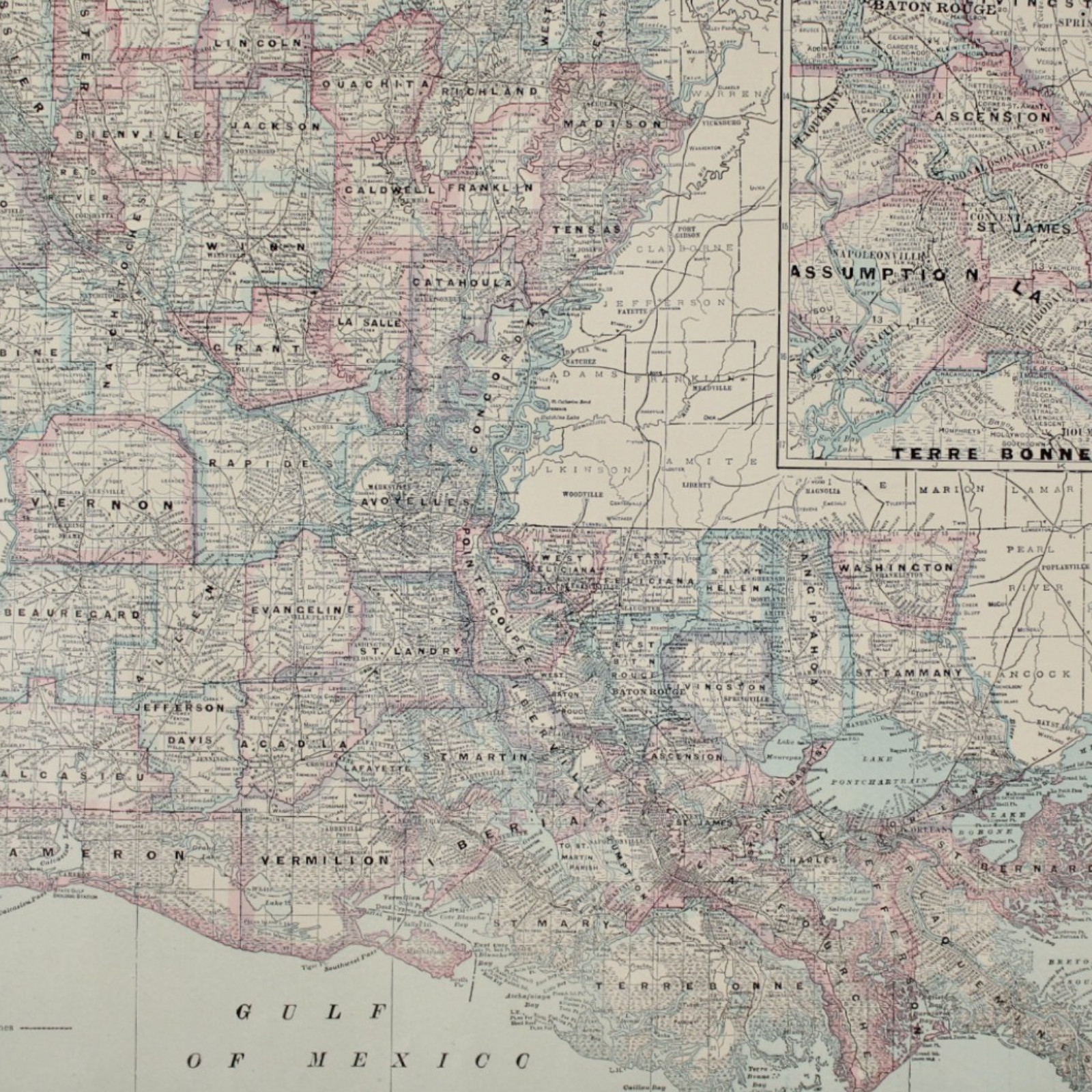 LOUISIANA Antique MAP STATE Counties Large COLOR 1928 21″x14″ Jazz Age 1920s