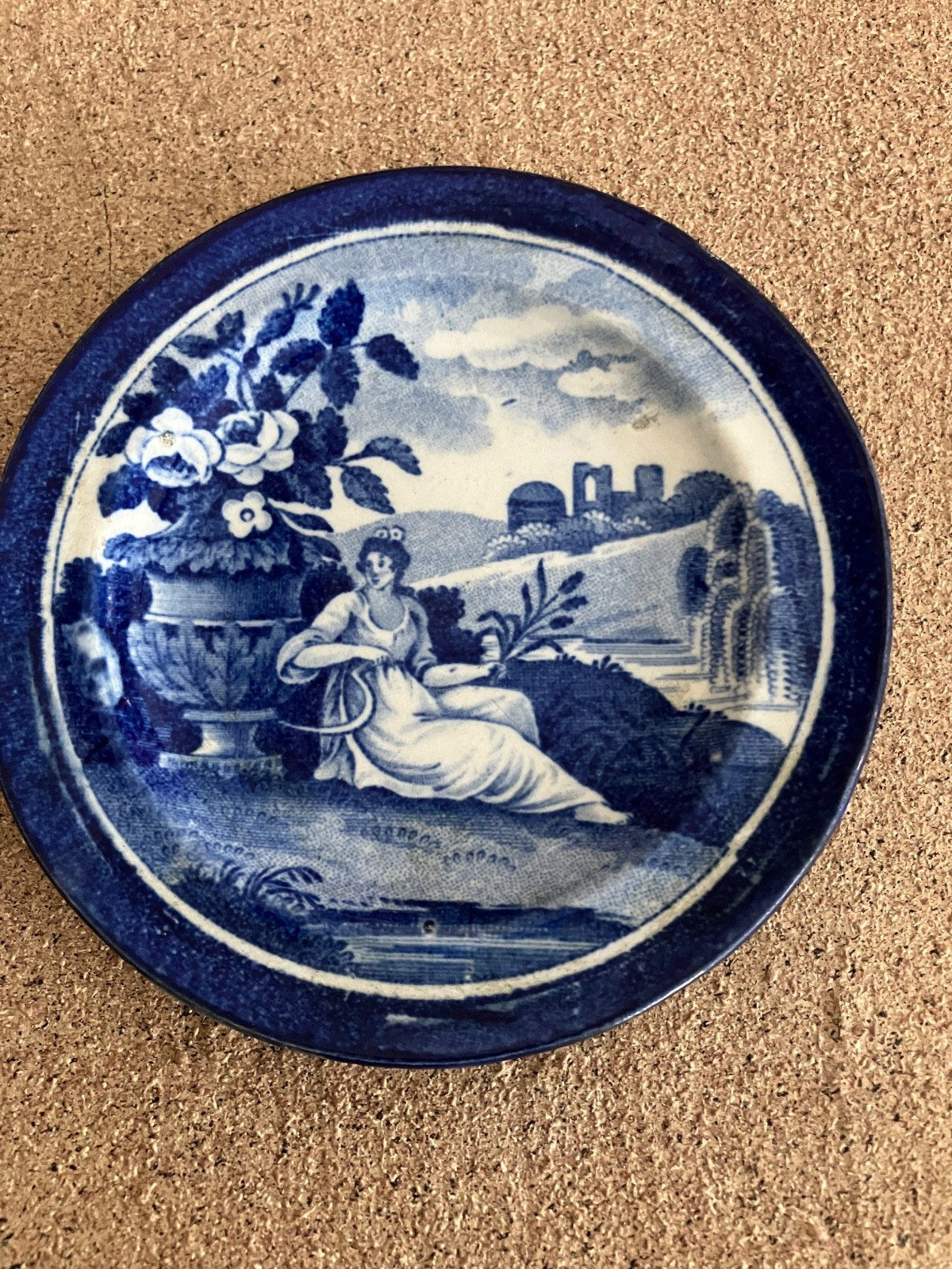 Antique Staffordshire Transferware Cup Plate Woman Urn Exotic architecture