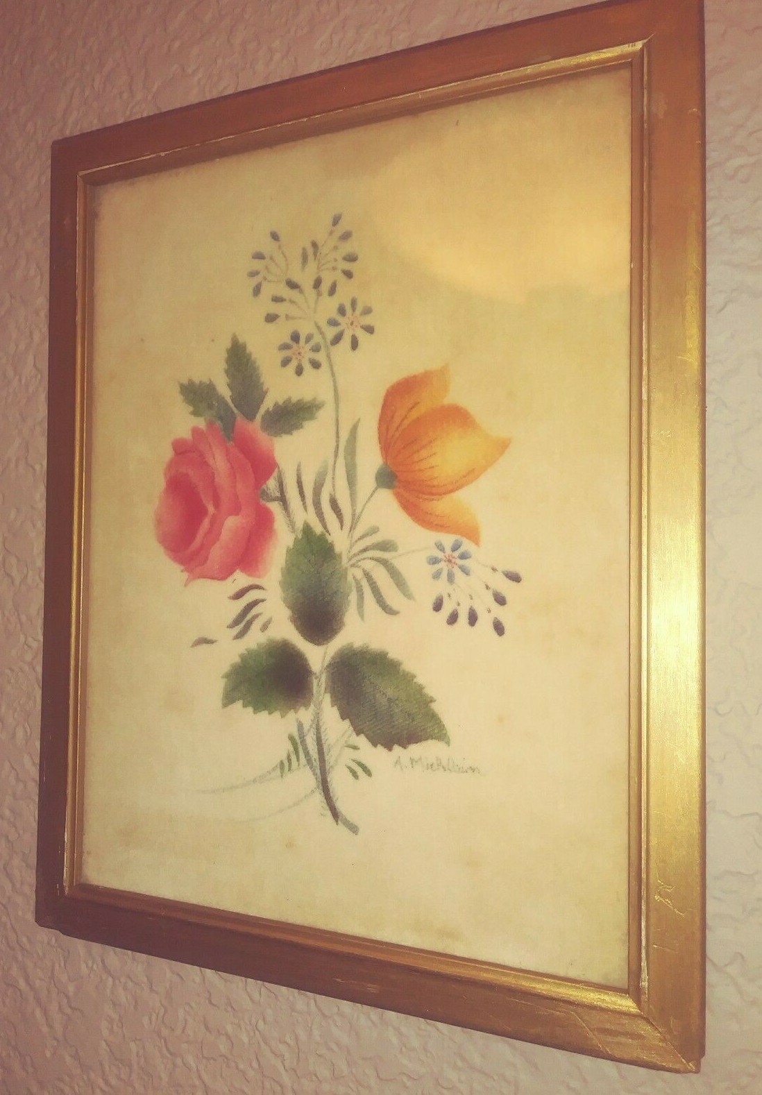 1920’s Framed Stenciled Theorem Floral Bouquet w Rose/Tulip by A. Michlein/Conn
