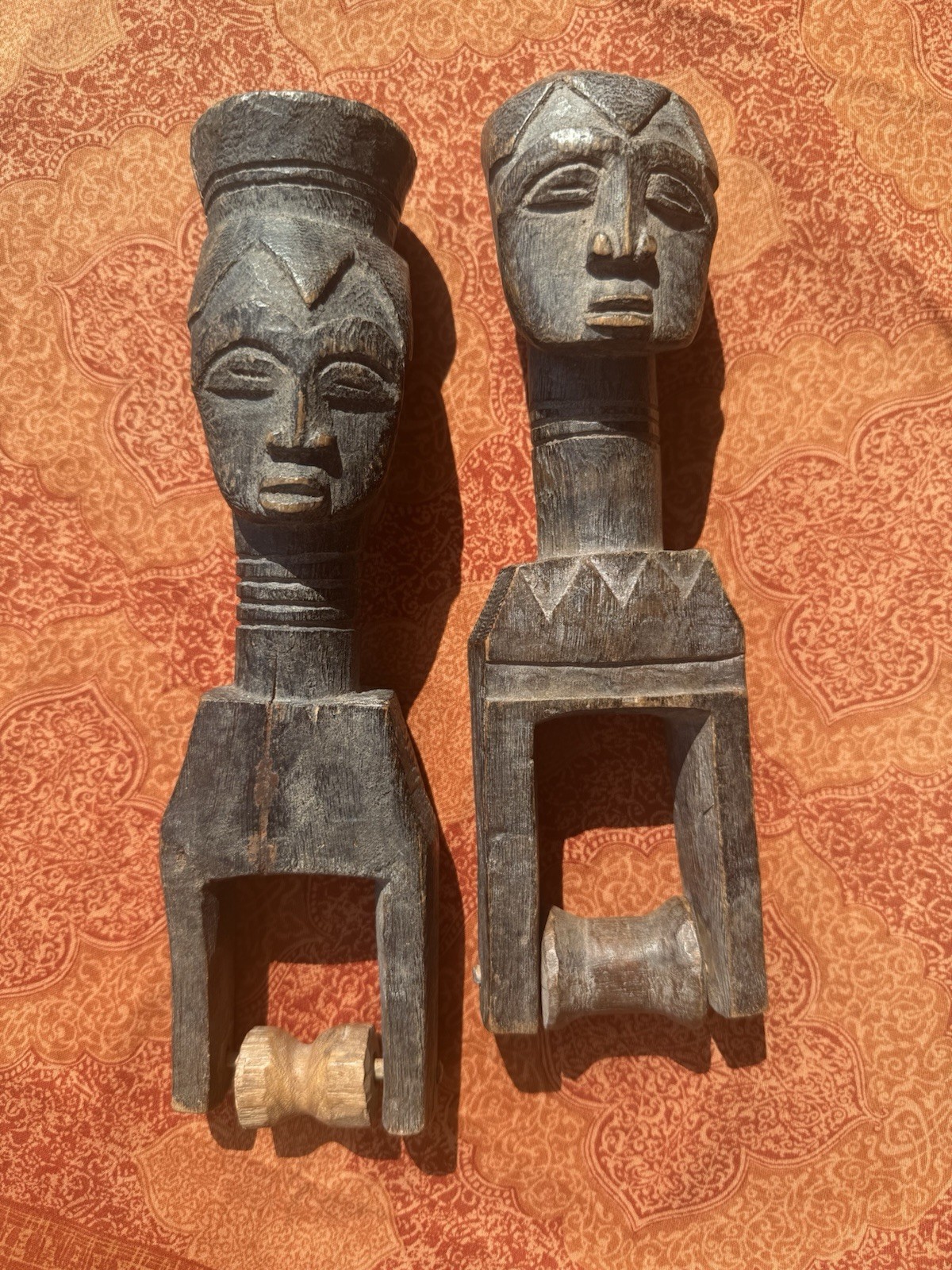 2 Antique Hand Carved African Baule Tribal Heddle Pulleys Traditional Weaving