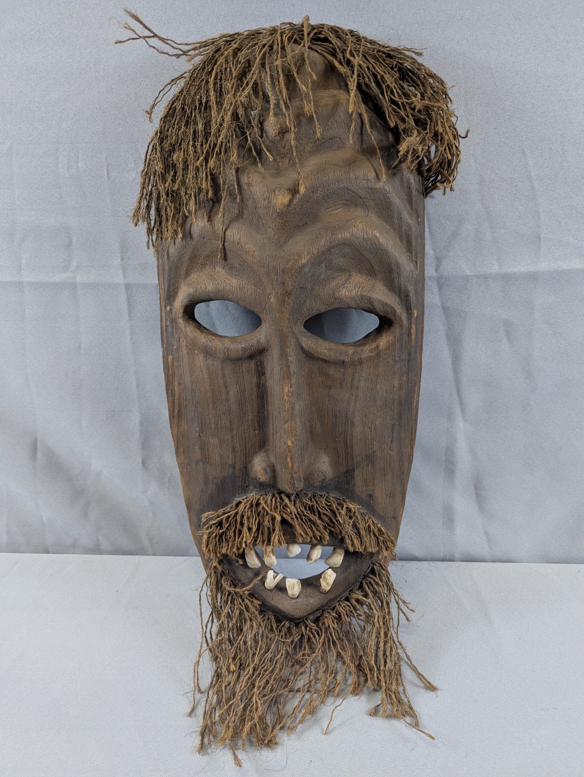 RARE Vtg Large 21″” Hand Carved Tribal Face Djembe Mask Ghana Hair Teeth NICE!