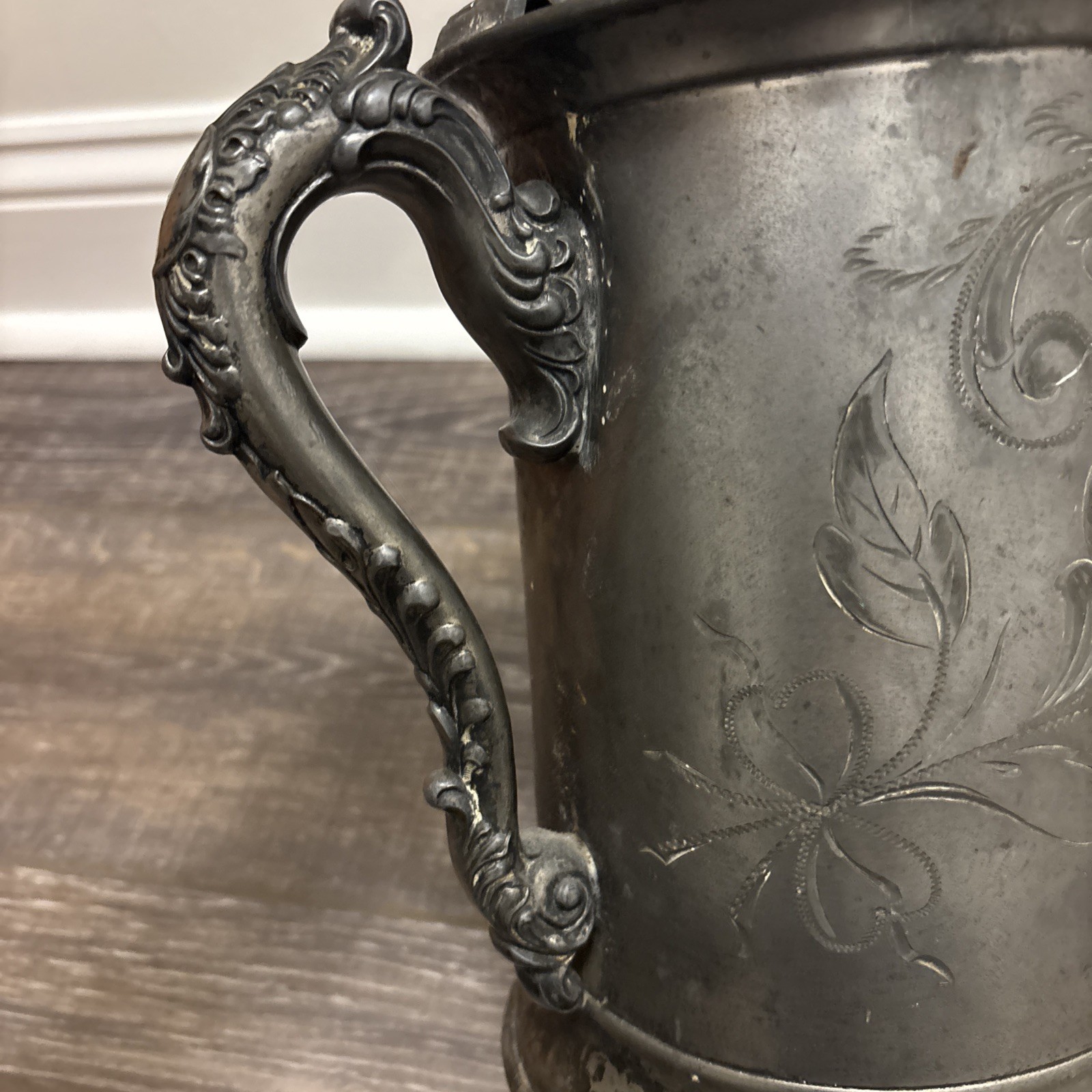 Vtg Made In USA Sheffield Plate Silver 1016 (Pewter?) water pitcher Ornate Rose