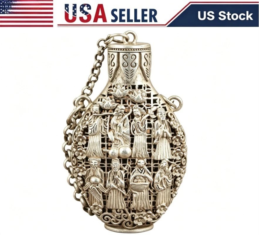 Chinese Old Tibet Silver Hollow Carved 8 Immortals Snuff Bottle Netsuke Box USA