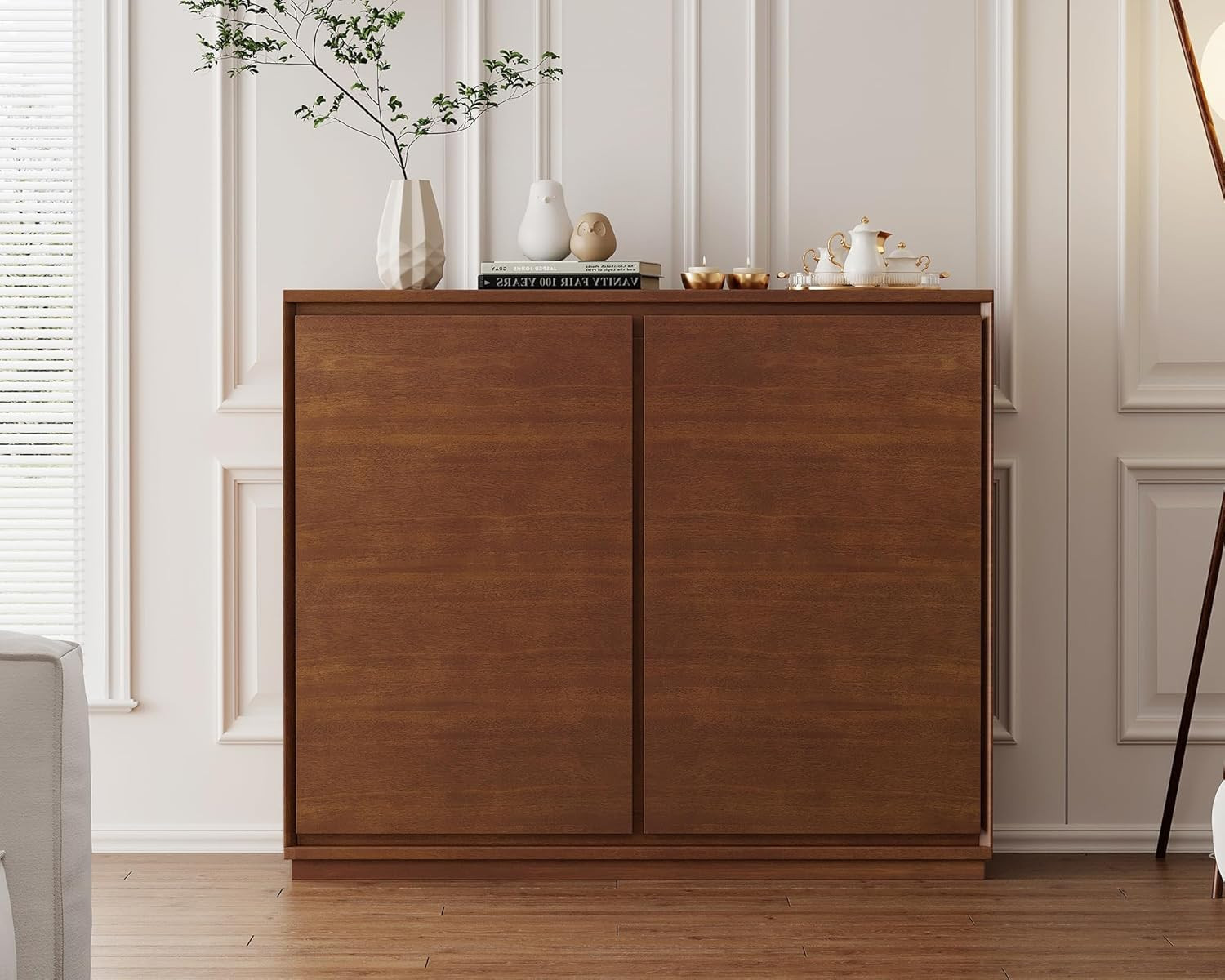 LKTART Mid Century Modern Sideboard Buffet Cabinet, Narrow Walnut Sideboard,Wood