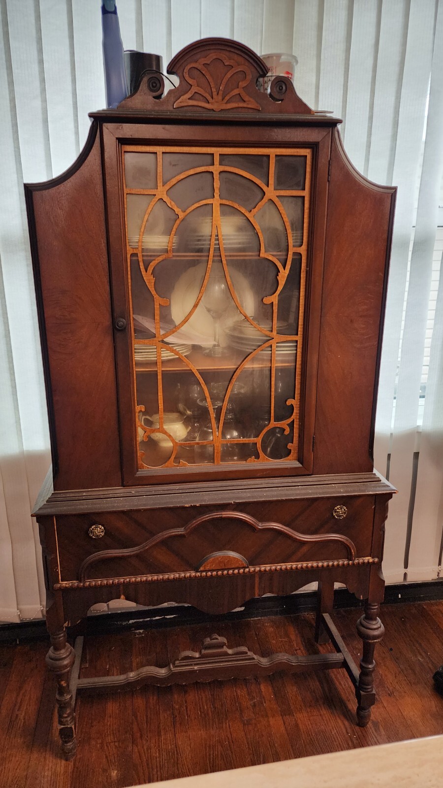 Antique China curio cabinet Showers Furn.Co.1868 medallion hutch wood orig.glass