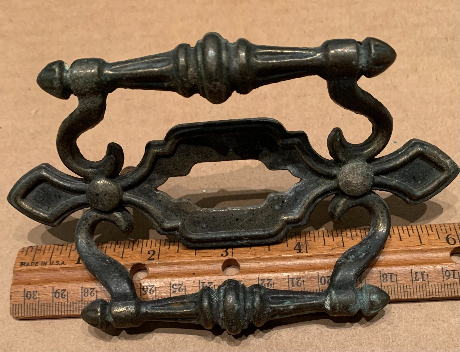 TRUE Vintage Brass Drawer Cabinet Pull ornate double handle bar 6″ long fancy