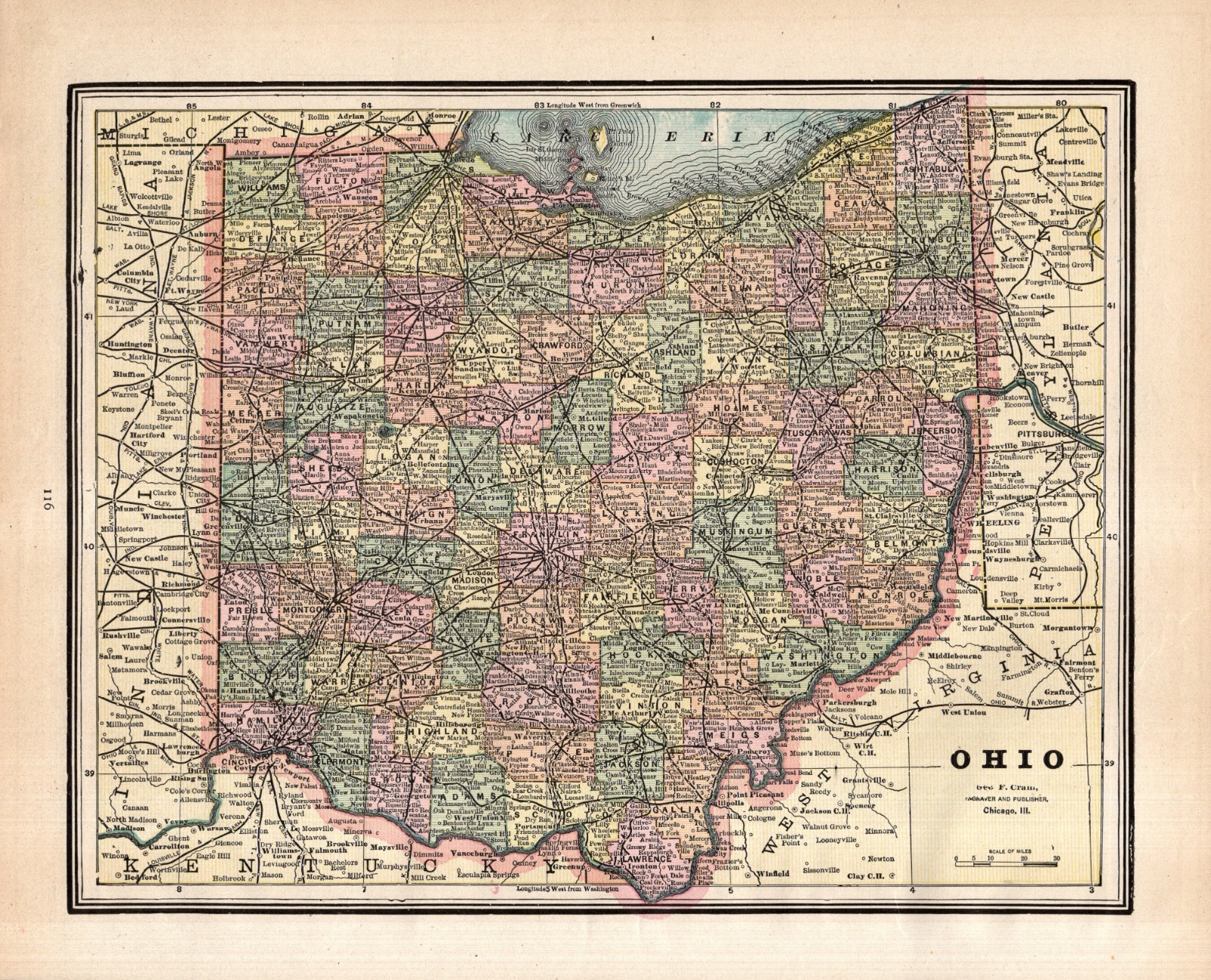 1888 Antique Ohio Map Vintage George Cram Ohio Atlas Map 3003
