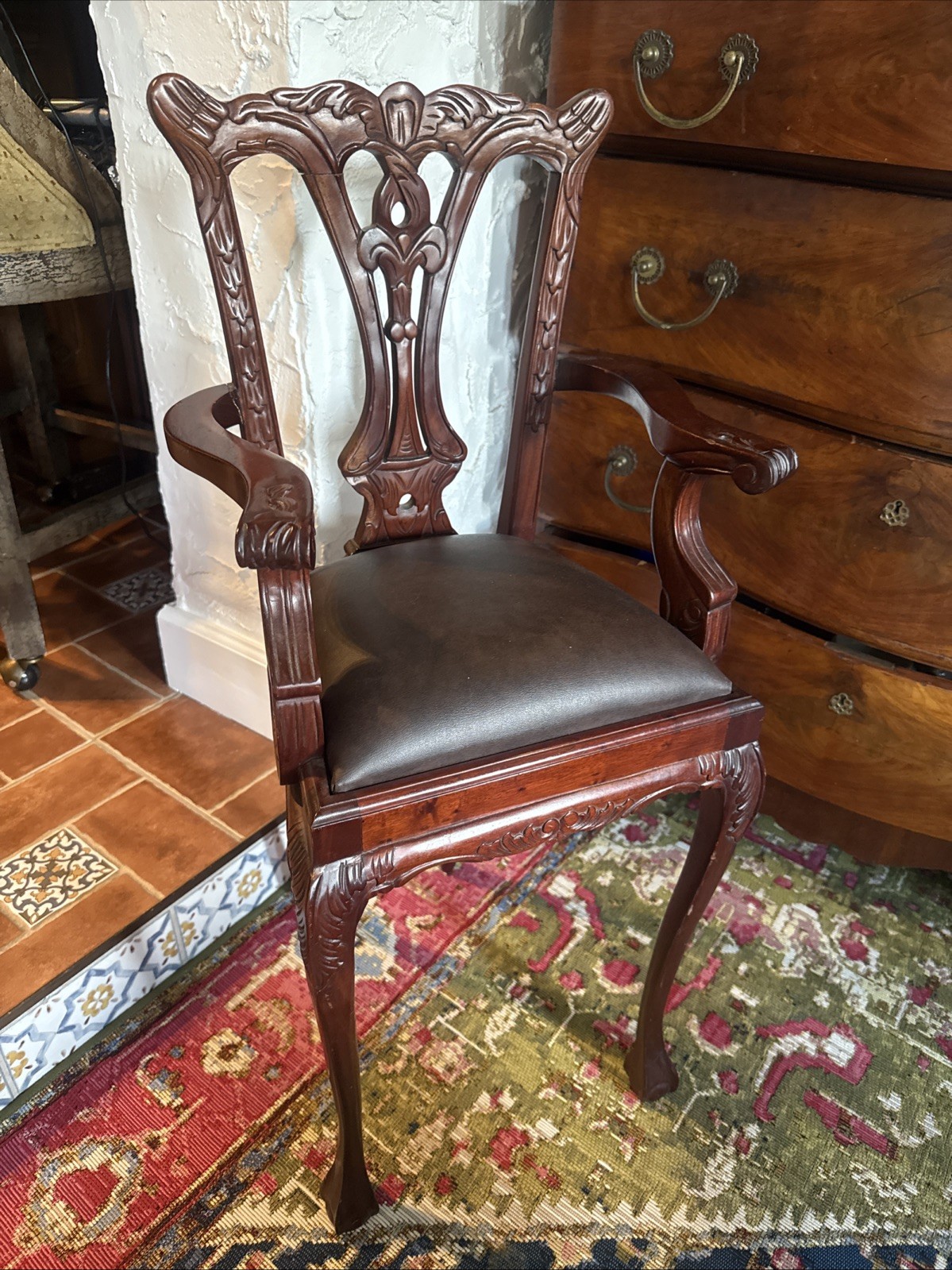Vintage Chippendale Mahogany Child’s High Chair Doll Bear