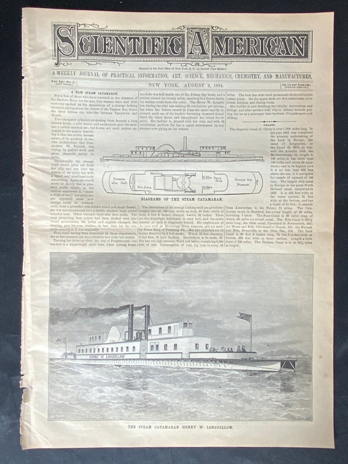 1884 Scientific American Cover Pg ~ Catamaran Henry Longfellow Steam Ship