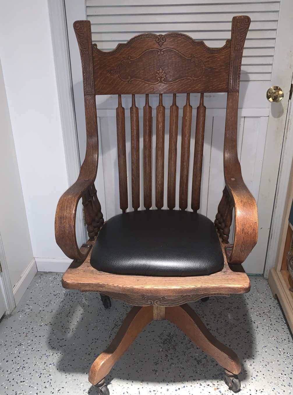 Vintage Tall Pressed Back Golden Oak Office Desk Chair Swivels