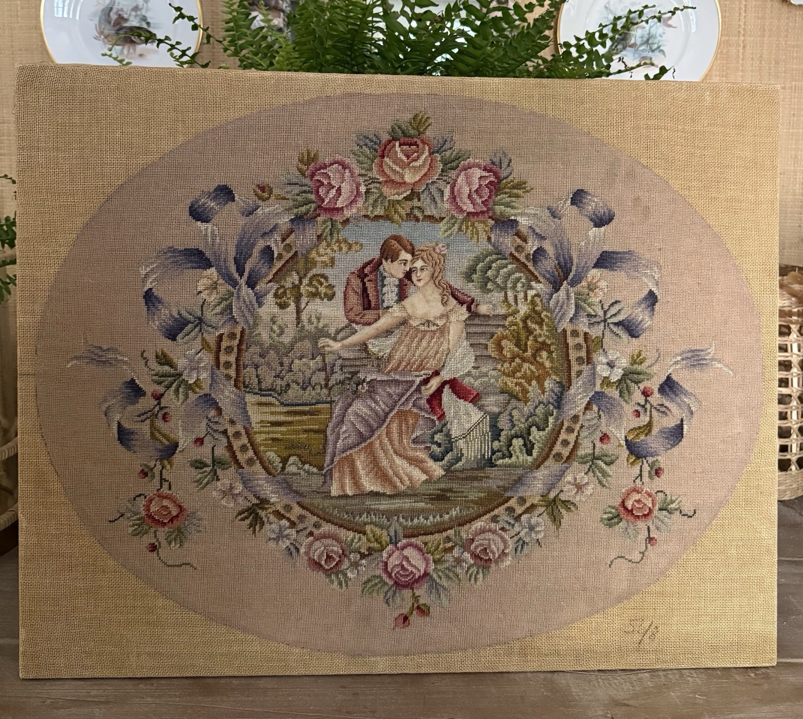 Antique French Aubusson Tapestry Oval Romantic Couple Garden Floral 19”x25” 1895